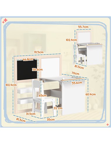 AIYAPLAY 3 in 1 Kids Table and Chair Set with Storage, Whiteboard, Blackboard & Roll Paper for 3-8 Years, White