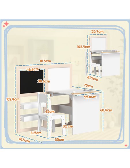 AIYAPLAY 3 in 1 Kids Table and Chair Set with Storage, Whiteboard, Blackboard & Roll Paper for 3-8 Years, White