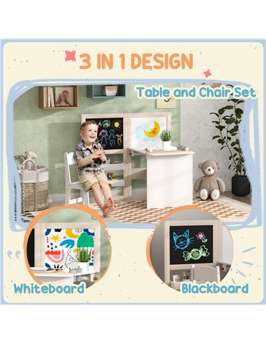 AIYAPLAY 3 in 1 Kids Table and Chair Set with Storage, Whiteboard, Blackboard & Roll Paper for 3-8 Years, White