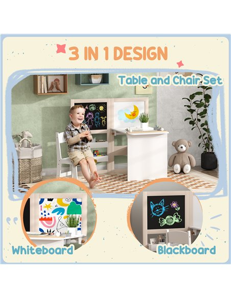 AIYAPLAY 3 in 1 Kids Table and Chair Set with Storage, Whiteboard, Blackboard & Roll Paper for 3-8 Years, White