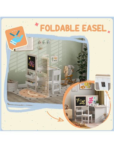 AIYAPLAY 3 in 1 Kids Table and Chair Set with Storage, Whiteboard, Blackboard & Roll Paper for 3-8 Years, White