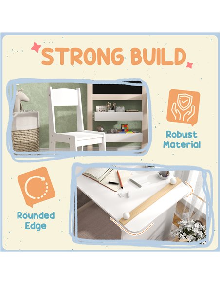 AIYAPLAY 3 in 1 Kids Table and Chair Set with Storage, Whiteboard, Blackboard & Roll Paper for 3-8 Years, White