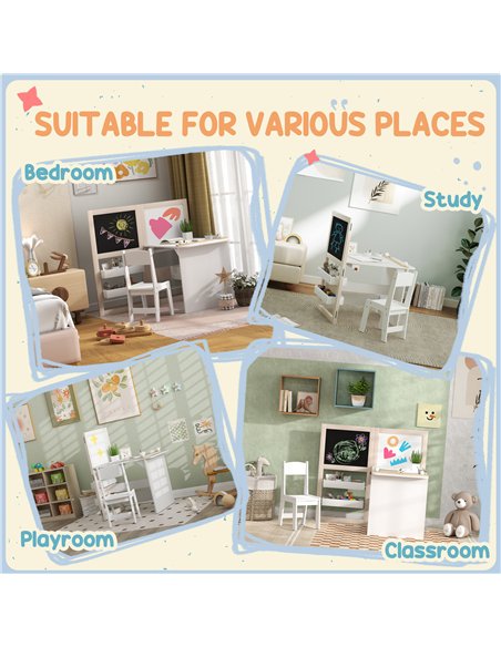 AIYAPLAY 3 in 1 Kids Table and Chair Set with Storage, Whiteboard, Blackboard & Roll Paper for 3-8 Years, White