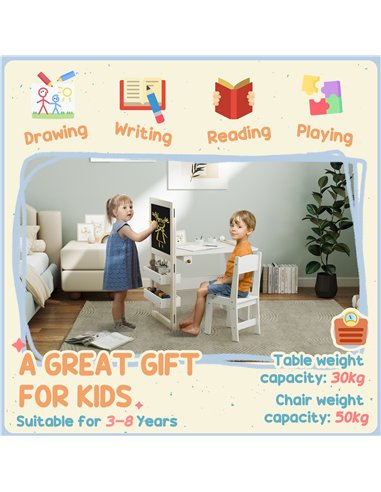 AIYAPLAY 3 in 1 Kids Table and Chair Set with Storage, Whiteboard, Blackboard & Roll Paper for 3-8 Years, White