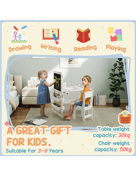 AIYAPLAY 3 in 1 Kids Table and Chair Set with Storage, Whiteboard, Blackboard & Roll Paper for 3-8 Years, White