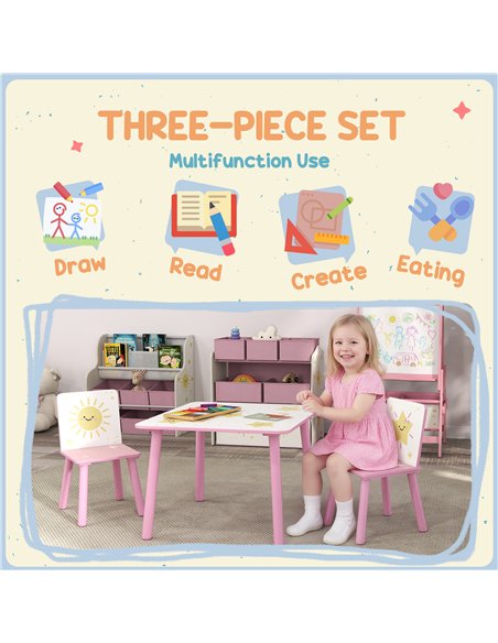 AIYAPLAY 3-Piece Toddler Table and Chair Set, Kids Table with 2 Chairs Set for Bedroom, Nursery, Playroom, Pink