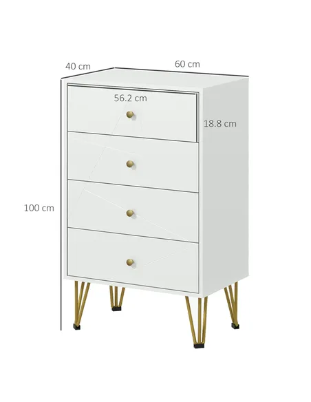 HOMCOM Tall Chest of Drawers, 4-Drawer Dresser for Bedroom, Modern Storage Cabinets with Hairpin Legs, White