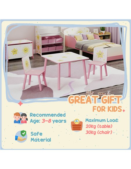 AIYAPLAY 3-Piece Toddler Table and Chair Set, Kids Table with 2 Chairs Set for Bedroom, Nursery, Playroom, Pink