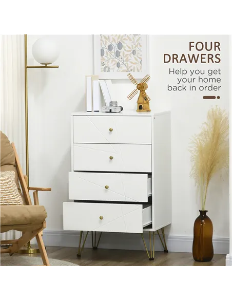 HOMCOM Tall Chest of Drawers, 4-Drawer Dresser for Bedroom, Modern Storage Cabinets with Hairpin Legs, White