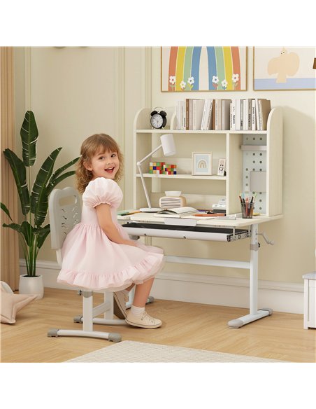 AIYAPLAY Kids Desk Height Adjustable with Tilt-Desktop, Hutch, Drawer, Storage Shelf, Pegboard, for 3-12 Years Old, Natural