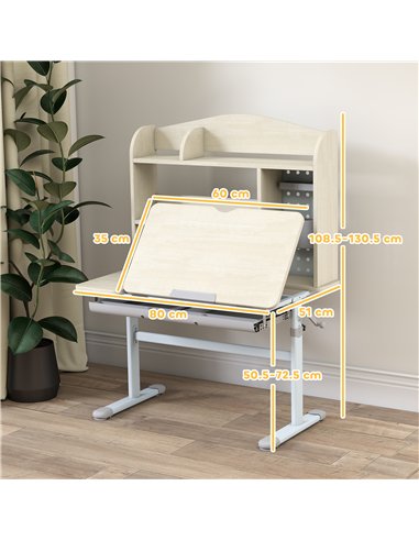 AIYAPLAY Kids Desk Height Adjustable with Tilt-Desktop, Hutch, Drawer, Storage Shelf, Pegboard, for 3-12 Years Old, Natural