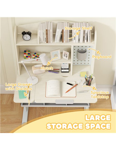 AIYAPLAY Kids Desk Height Adjustable with Tilt-Desktop, Hutch, Drawer, Storage Shelf, Pegboard, for 3-12 Years Old, Natural