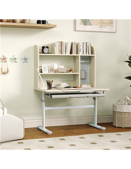 AIYAPLAY Kids Desk Height Adjustable with Tilt-Desktop, Hutch, Drawer, Storage Shelf, Pegboard, for 3-12 Years Old, Natural