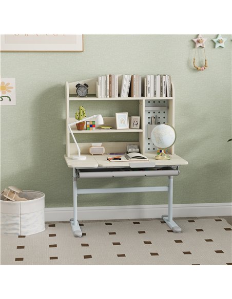 AIYAPLAY Kids Desk Height Adjustable with Tilt-Desktop, Hutch, Drawer, Storage Shelf, Pegboard, for 3-12 Years Old, Natural