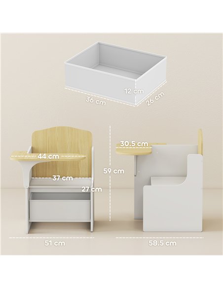 AIYAPLAY Kids Table and Chair Set, Children Desk and Chair with Storage Bins for Playing, Reading, Painting, for Ages 3-5, White