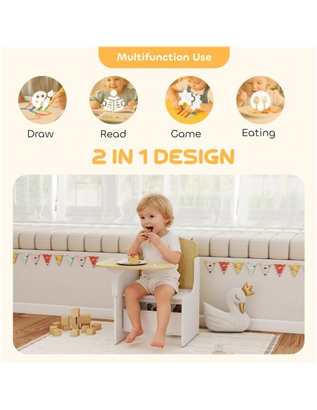 AIYAPLAY Kids Table and Chair Set, Children Desk and Chair with Storage Bins for Playing, Reading, Painting, for Ages 3-5, White