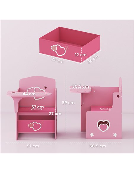 AIYAPLAY Kids Table and Chair Set, Children Desk and Chair with Storage Bins for Playing, Reading, Painting, for Ages 3-5, Pink