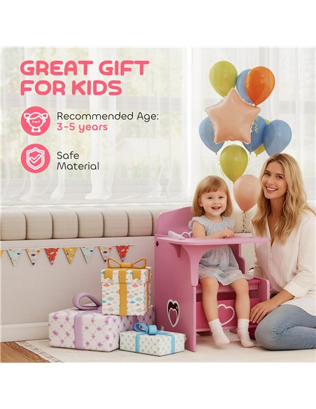 AIYAPLAY Kids Table and Chair Set, Children Desk and Chair with Storage Bins for Playing, Reading, Painting, for Ages 3-5, Pink