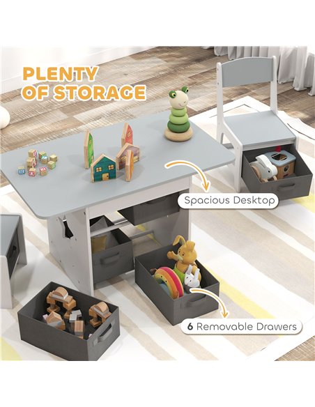 AIYAPLAY Kids Table and Chair Set, Toddler Table and 2 Chairs Set with 6 Removable Drawers, for Boys Girls Ages 3-8, Light Grey