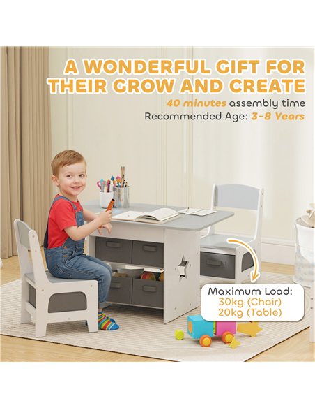 AIYAPLAY Kids Table and Chair Set, Toddler Table and 2 Chairs Set with 6 Removable Drawers, for Boys Girls Ages 3-8, Light Grey