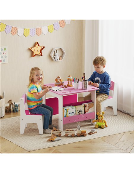 AIYAPLAY 3 Pieces Kids Table and Chair Set, Toddler Activity Table with Bookshelves, for Living Room, Nursery, Playroom, Pink