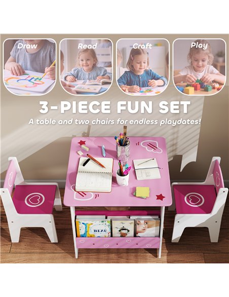 AIYAPLAY 3 Pieces Kids Table and Chair Set, Toddler Activity Table with Bookshelves, for Living Room, Nursery, Playroom, Pink
