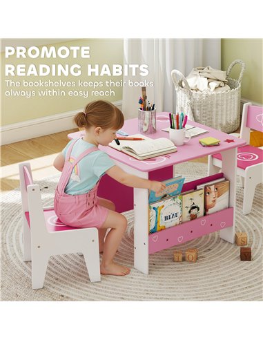 AIYAPLAY 3 Pieces Kids Table and Chair Set, Toddler Activity Table with Bookshelves, for Living Room, Nursery, Playroom, Pink