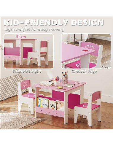 AIYAPLAY 3 Pieces Kids Table and Chair Set, Toddler Activity Table with Bookshelves, for Living Room, Nursery, Playroom, Pink