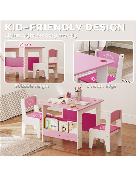 AIYAPLAY 3 Pieces Kids Table and Chair Set, Toddler Activity Table with Bookshelves, for Living Room, Nursery, Playroom, Pink
