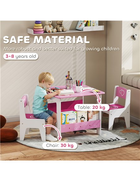 AIYAPLAY 3 Pieces Kids Table and Chair Set, Toddler Activity Table with Bookshelves, for Living Room, Nursery, Playroom, Pink