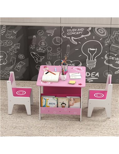 AIYAPLAY 3 Pieces Kids Table and Chair Set, Toddler Activity Table with Bookshelves, for Living Room, Nursery, Playroom, Pink
