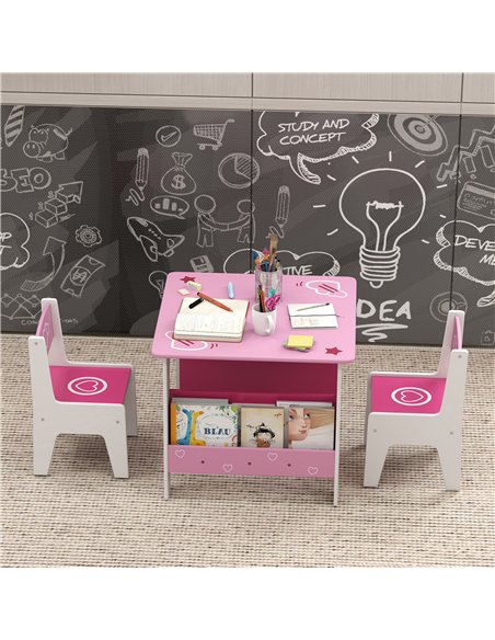 AIYAPLAY 3 Pieces Kids Table and Chair Set, Toddler Activity Table with Bookshelves, for Living Room, Nursery, Playroom, Pink