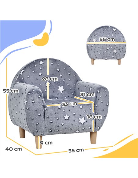 AIYAPLAY Kids Armchair, Glow in the Dark Chair with Star Design for Bedroom, Playroom, Kids Room, Grey