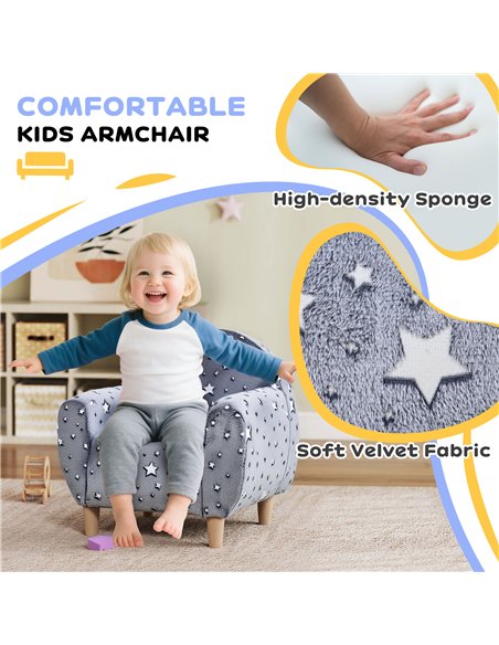 AIYAPLAY Kids Armchair, Glow in the Dark Chair with Star Design for Bedroom, Playroom, Kids Room, Grey
