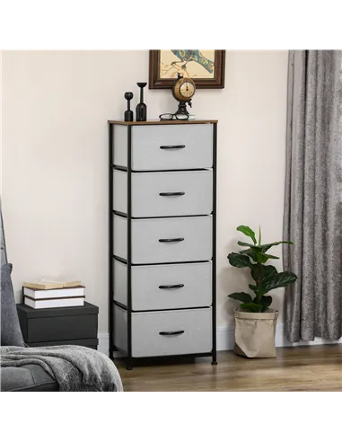 HOMCOM Fabric Chest of Drawers, Industrial Bedroom Dresser with 5 Fabric Drawers, Steel Frame and Wooden Top for Nursery, Living