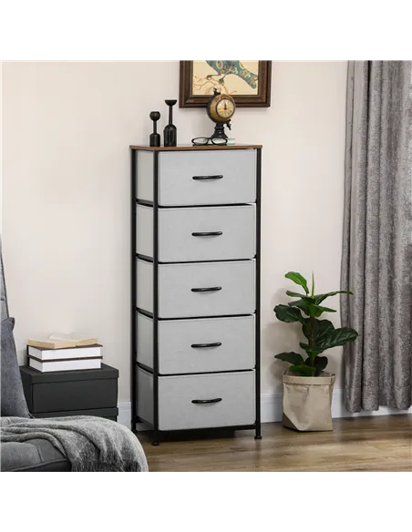 HOMCOM Fabric Chest of Drawers, Industrial Bedroom Dresser with 5 Fabric Drawers, Steel Frame and Wooden Top for Nursery, Living