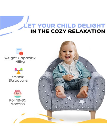 AIYAPLAY Kids Armchair, Glow in the Dark Chair with Star Design for Bedroom, Playroom, Kids Room, Grey