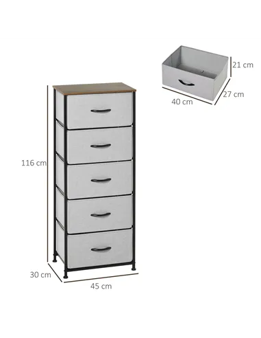 HOMCOM Fabric Chest of Drawers, Industrial Bedroom Dresser with 5 Fabric Drawers, Steel Frame and Wooden Top for Nursery, Living