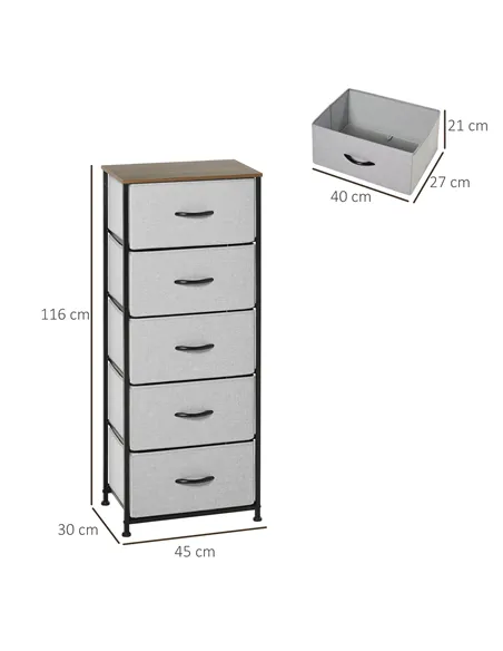 HOMCOM Fabric Chest of Drawers, Industrial Bedroom Dresser with 5 Fabric Drawers, Steel Frame and Wooden Top for Nursery, Living