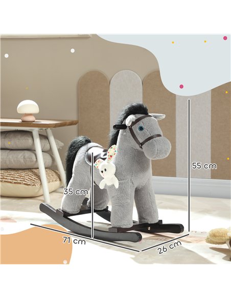 AIYAPLAY Baby Rocking Horse, Plush Ride on Toy with Handle Grip, Sound and Doll, Toddler Animal Rocker for Kids Aged 2-5, Grey