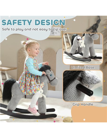 AIYAPLAY Baby Rocking Horse, Plush Ride on Toy with Handle Grip, Sound and Doll, Toddler Animal Rocker for Kids Aged 2-5, Grey