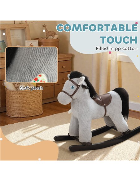 AIYAPLAY Baby Rocking Horse, Plush Ride on Toy with Handle Grip, Sound and Doll, Toddler Animal Rocker for Kids Aged 2-5, Grey