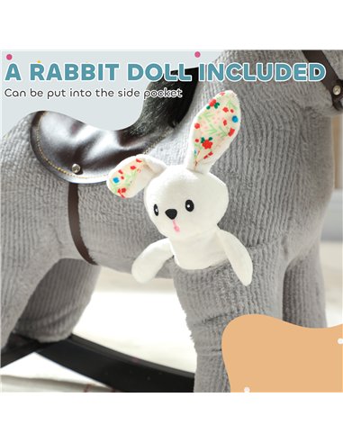 AIYAPLAY Baby Rocking Horse, Plush Ride on Toy with Handle Grip, Sound and Doll, Toddler Animal Rocker for Kids Aged 2-5, Grey