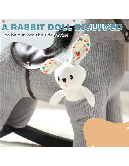 AIYAPLAY Baby Rocking Horse, Plush Ride on Toy with Handle Grip, Sound and Doll, Toddler Animal Rocker for Kids Aged 2-5, Grey