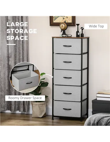 HOMCOM Fabric Chest of Drawers, Industrial Bedroom Dresser with 5 Fabric Drawers, Steel Frame and Wooden Top for Nursery, Living