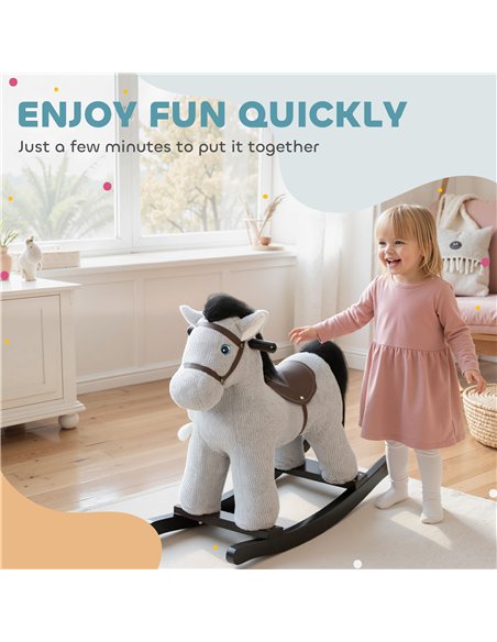 AIYAPLAY Baby Rocking Horse, Plush Ride on Toy with Handle Grip, Sound and Doll, Toddler Animal Rocker for Kids Aged 2-5, Grey