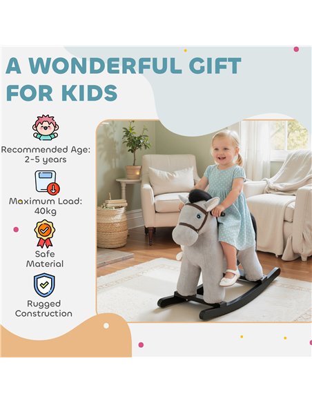 AIYAPLAY Baby Rocking Horse, Plush Ride on Toy with Handle Grip, Sound and Doll, Toddler Animal Rocker for Kids Aged 2-5, Grey