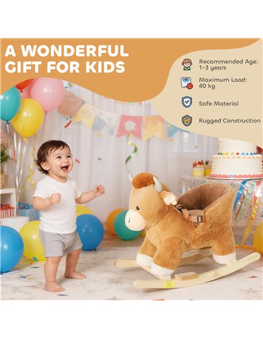 AIYAPLAY Baby Rocking Horse with Safety Belt, Wood Base, Animal Rocker for Children, Brown