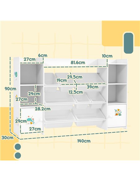 AIYAPLAY Kids Toy Organizers and Storage with 8 Removable Storage Bins and Bookshelf, White