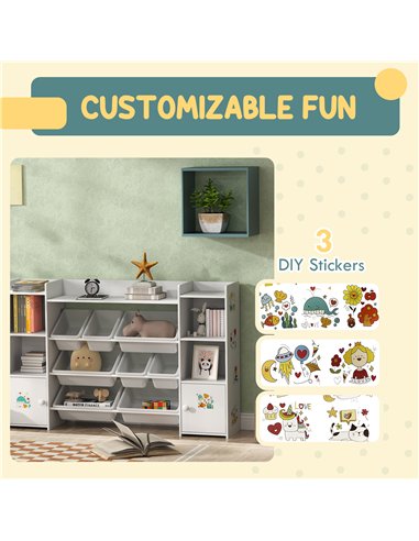 AIYAPLAY Kids Toy Organizers and Storage with 8 Removable Storage Bins and Bookshelf, White